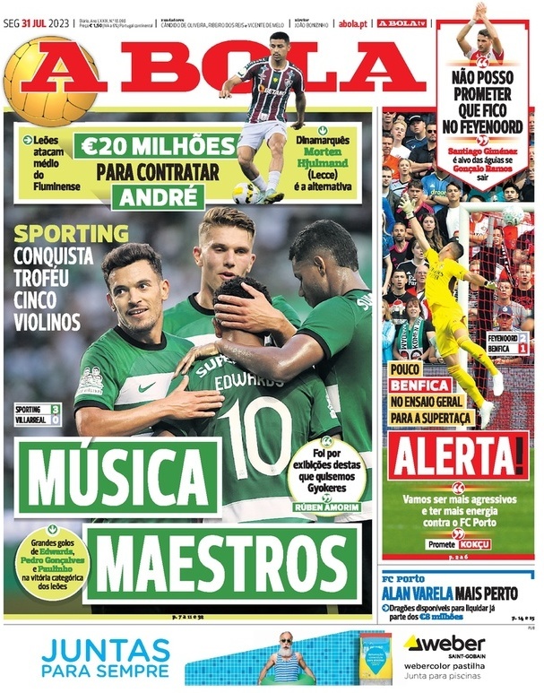 A Bola: Capa da Edi&ccedil;&atilde;o de segunda-feira, 31 de julho 2023