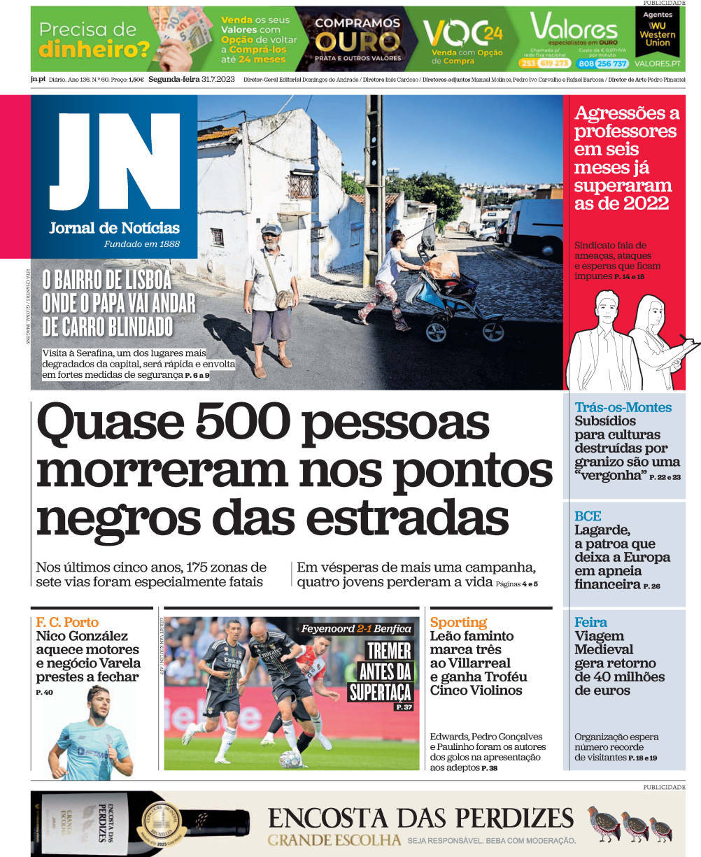 Jornal de Not&iacute;cias: Capa da Edi&ccedil;&atilde;o de segunda-feira, 31 de julho 2023