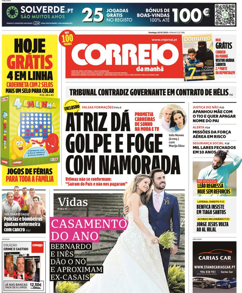 Correio da Manh&atilde;: Capa da Edi&ccedil;&atilde;o de domingo, 02 de julho 2023