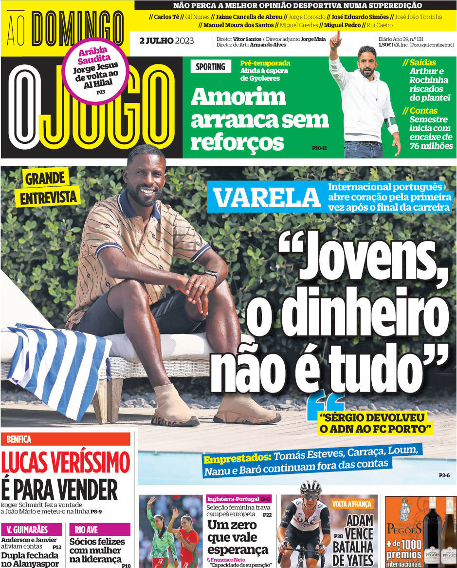 O Jogo: Capa da Edi&ccedil;&atilde;o de domingo, 02 de julho 2023