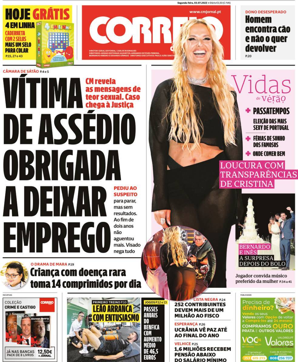 Correio da Manh&atilde;: Capa da Edi&ccedil;&atilde;o de segunda-feira, 03 de julho 2023