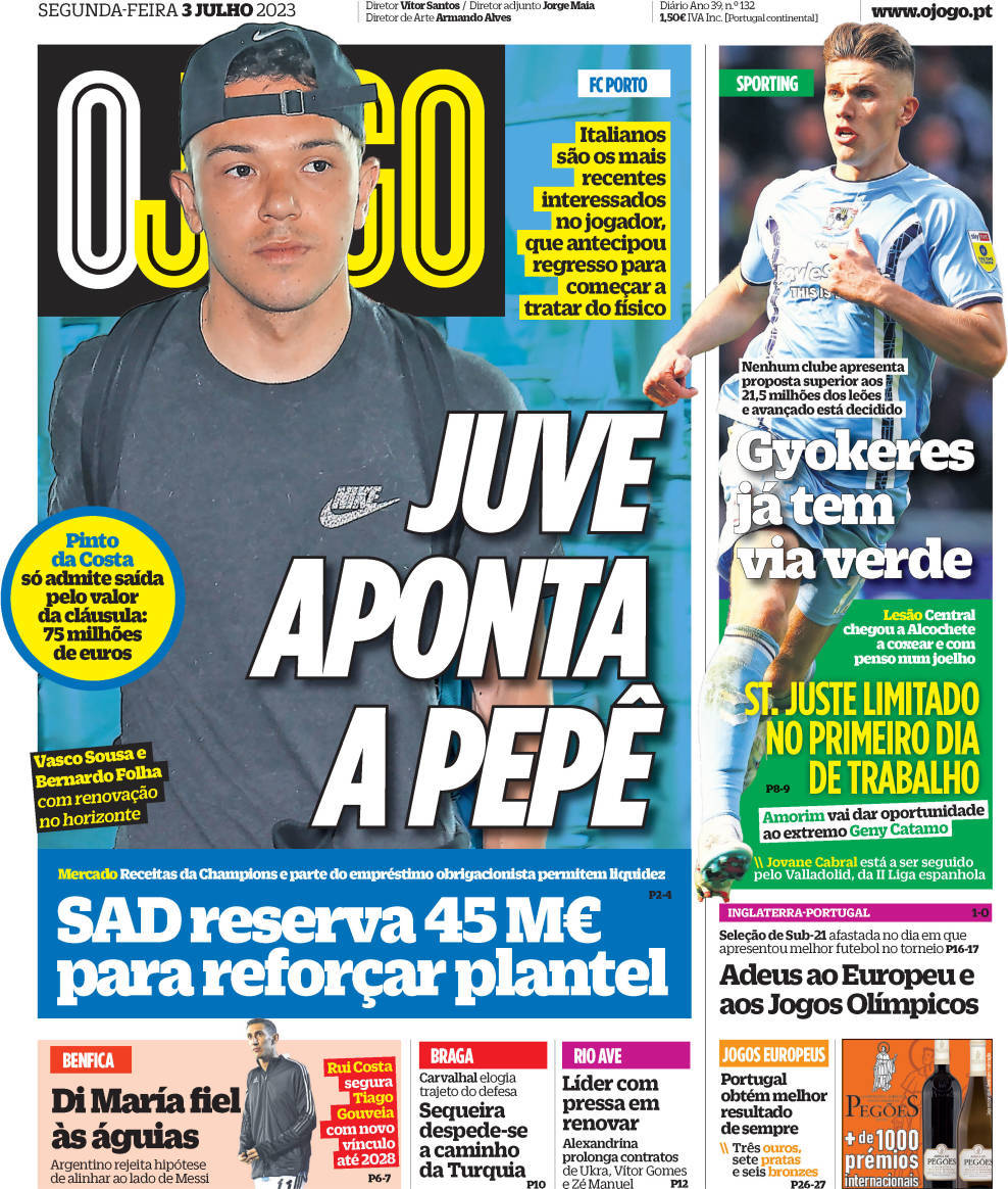 O Jogo: Capa da Edi&ccedil;&atilde;o de segunda-feira, 03 de julho 2023