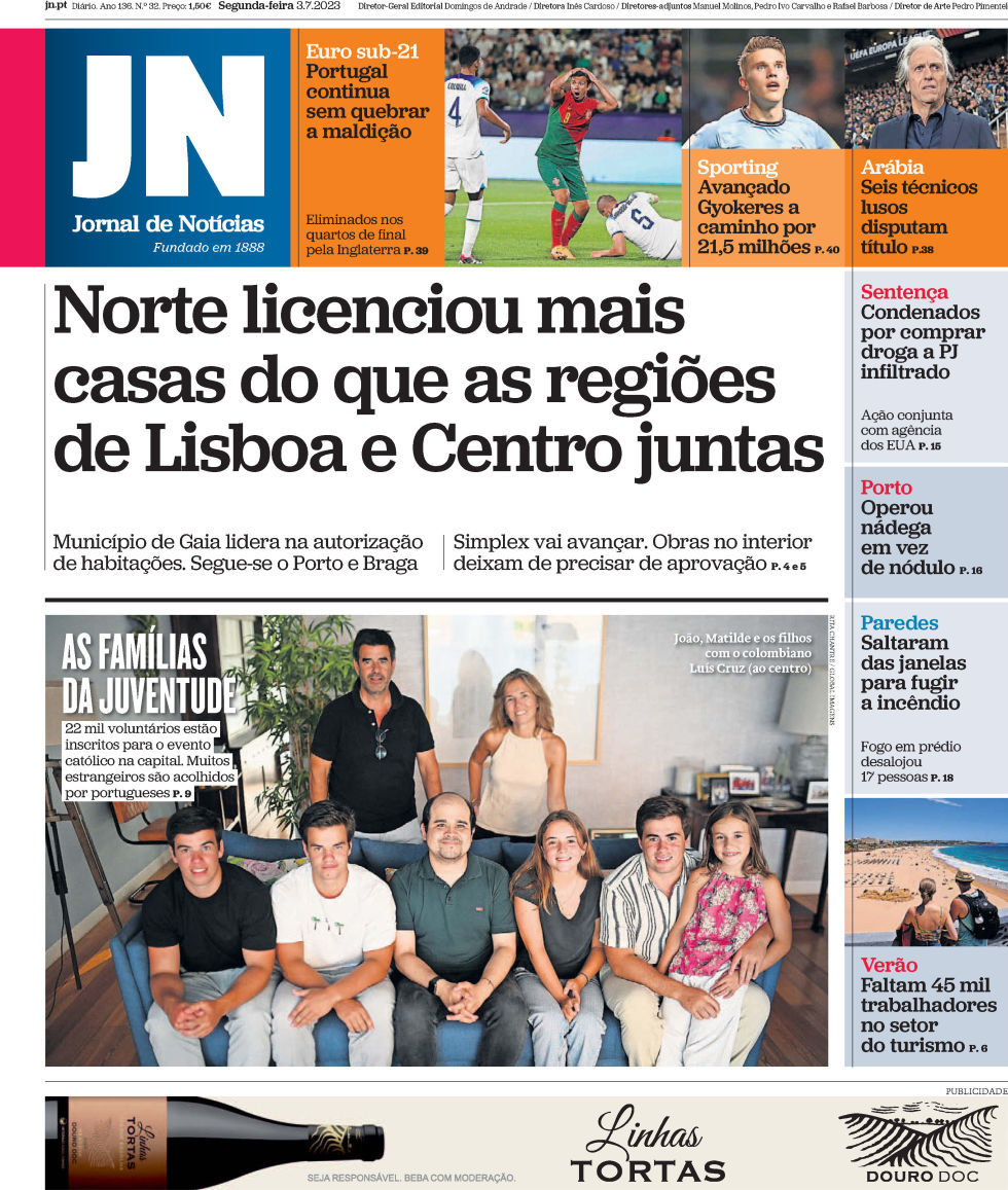 Jornal de Not&iacute;cias: Capa da Edi&ccedil;&atilde;o de segunda-feira, 03 de julho 2023