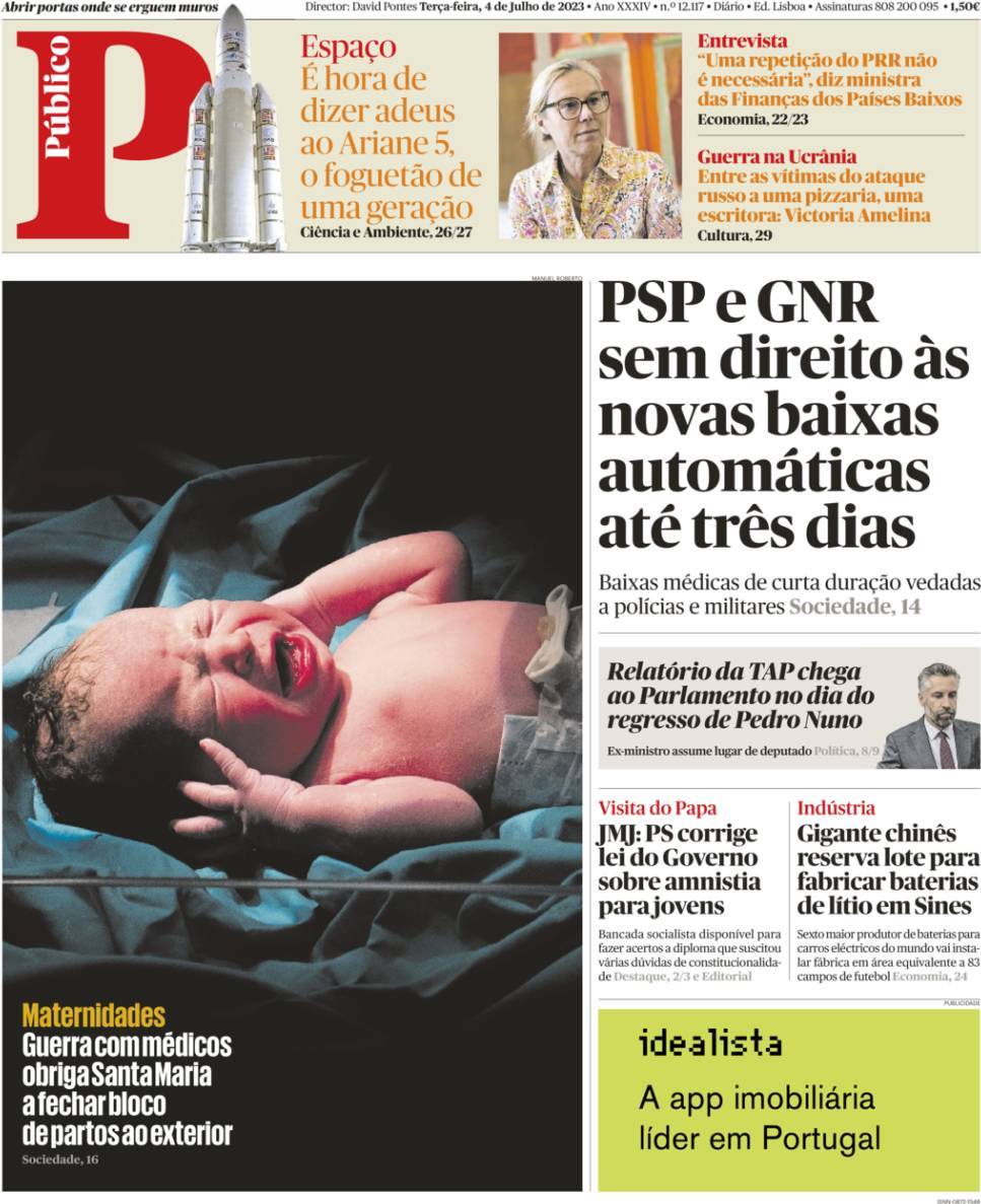 P&uacute;blico: Capa da Edi&ccedil;&atilde;o de ter&ccedil;a-feira, 04 de julho 2023
