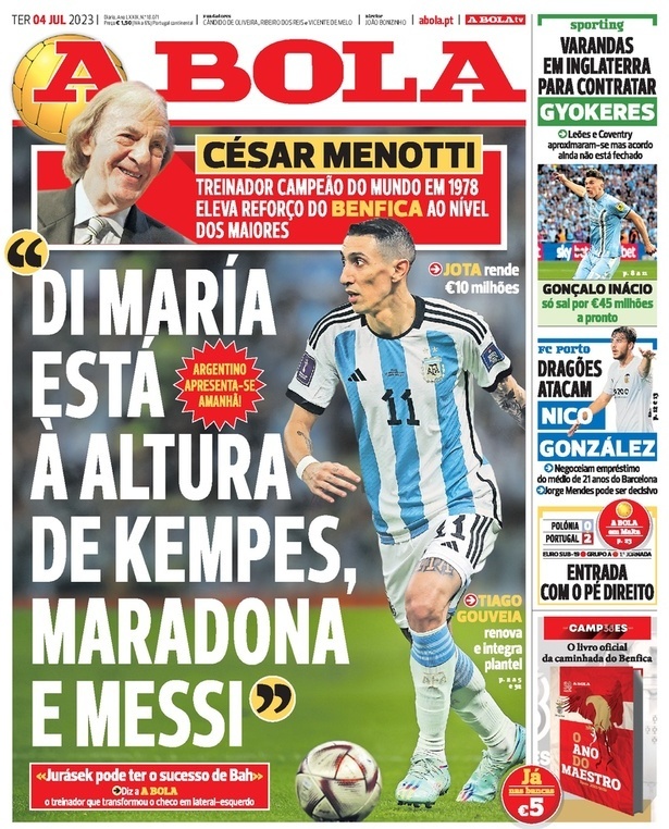 A Bola: Capa da Edi&ccedil;&atilde;o de ter&ccedil;a-feira, 04 de julho 2023