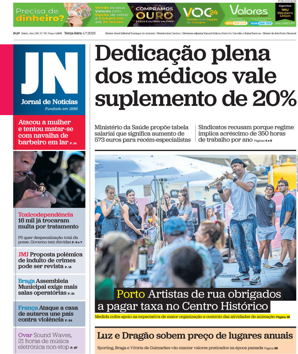 Jornal de Not&iacute;cias: Capa da Edi&ccedil;&atilde;o de ter&ccedil;a-feira, 04 de julho 2023