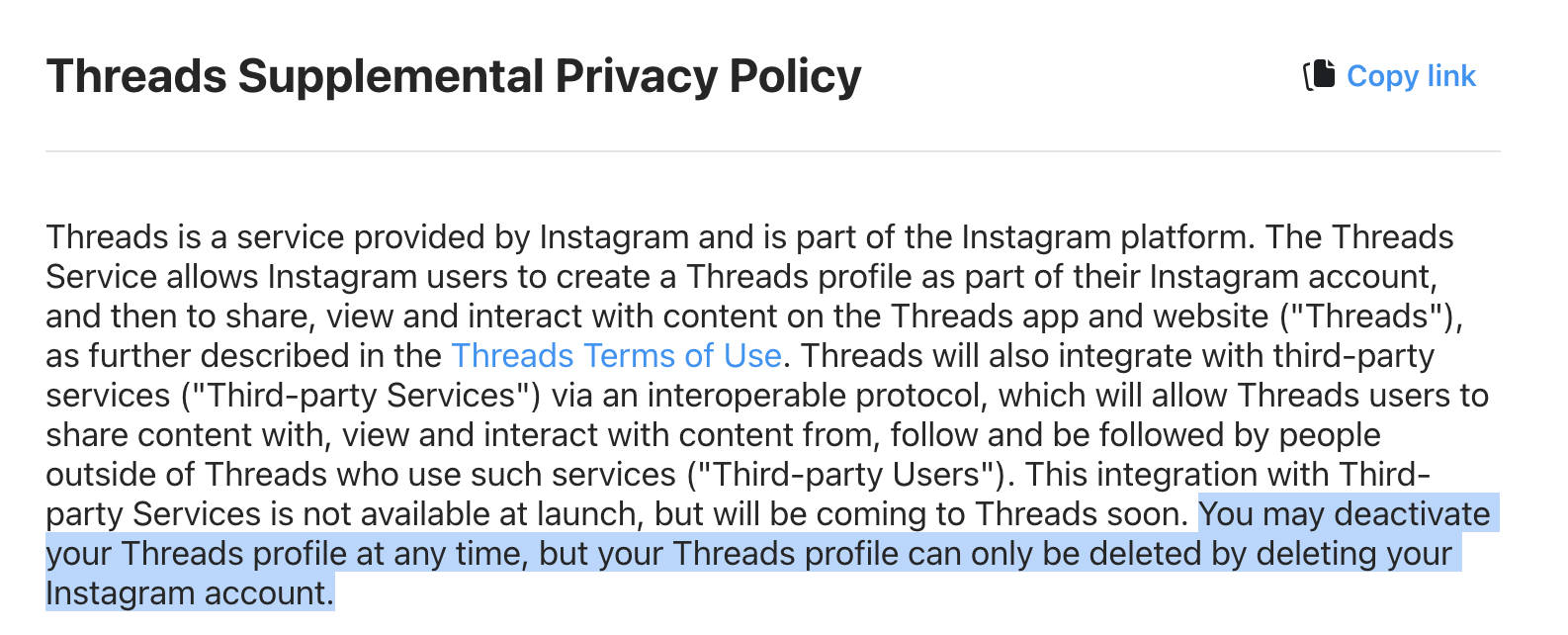 Eliminar a conta no Threads implica tamb&eacute;m a elimina&ccedil;&atilde;o da conta no Instagram