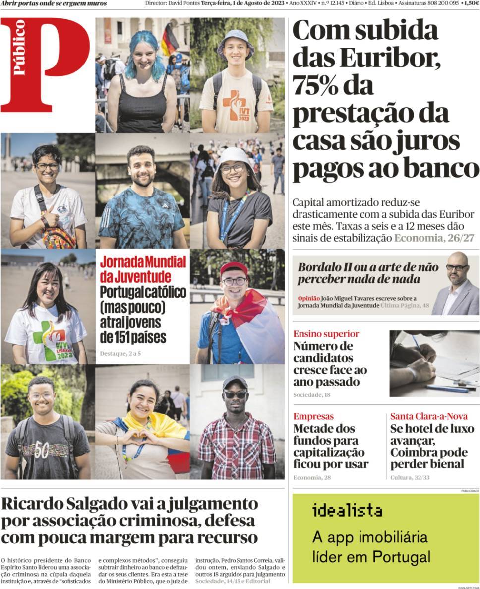 P&uacute;blico: Capa da Edi&ccedil;&atilde;o de ter&ccedil;a-feira, 01 de agosto 2023