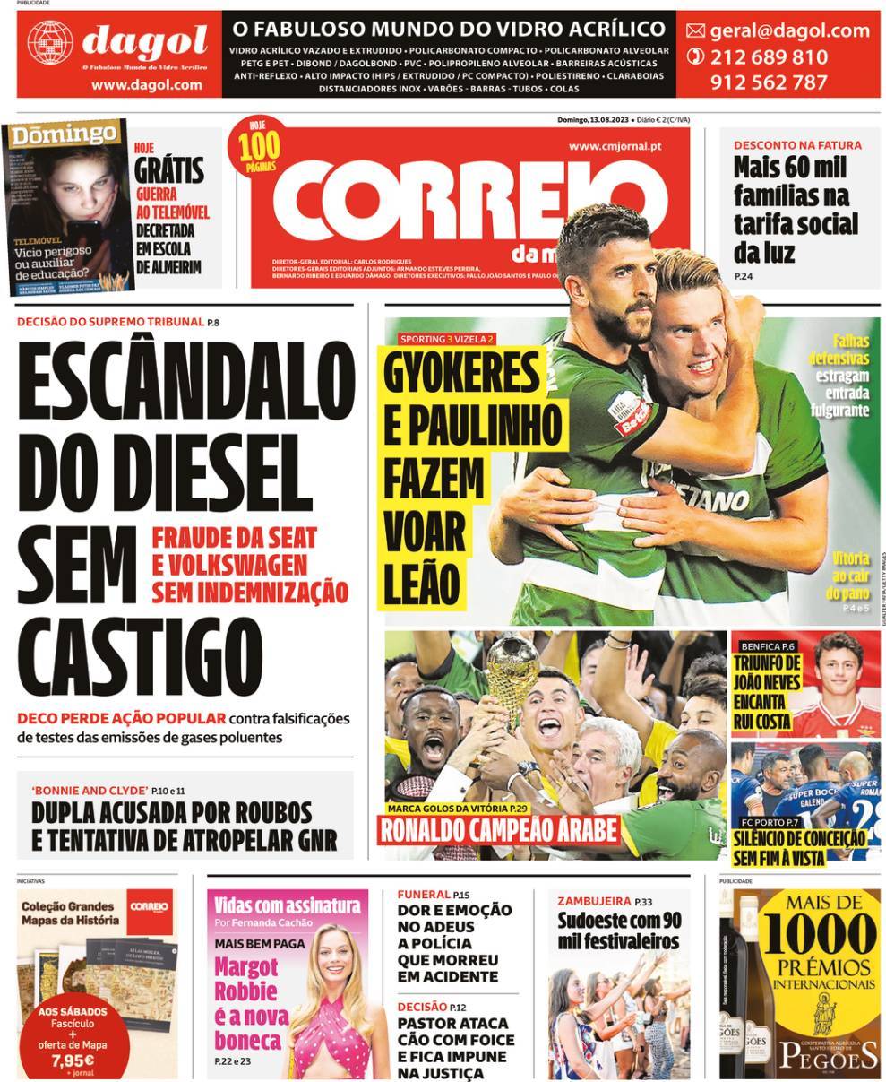 Correio da Manh&atilde;: Capa da Edi&ccedil;&atilde;o de domingo, 13 de agosto 2023