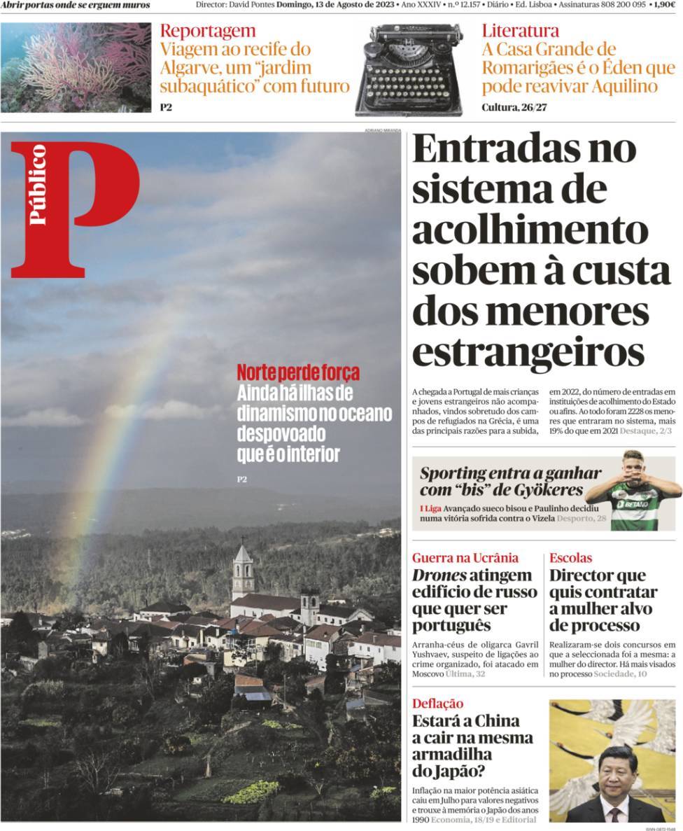P&uacute;blico: Capa da Edi&ccedil;&atilde;o de domingo, 13 de agosto 2023