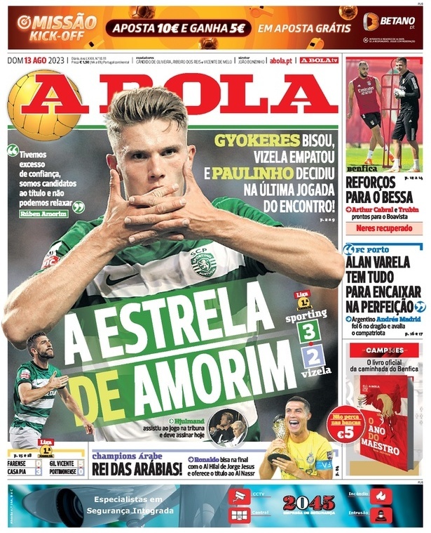 A Bola: Capa da Edi&ccedil;&atilde;o de domingo, 13 de agosto 2023