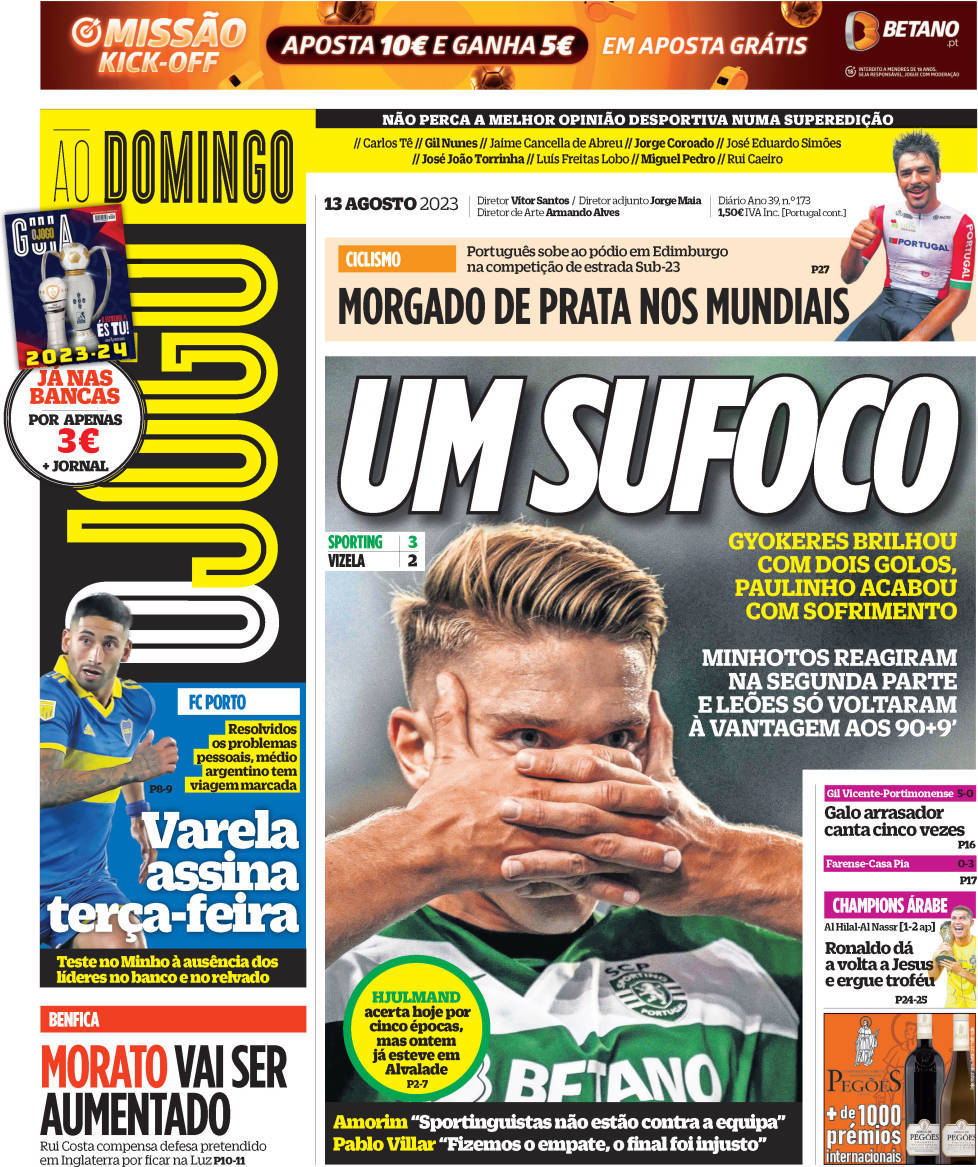 O Jogo: Capa da Edi&ccedil;&atilde;o de domingo, 13 de agosto 2023