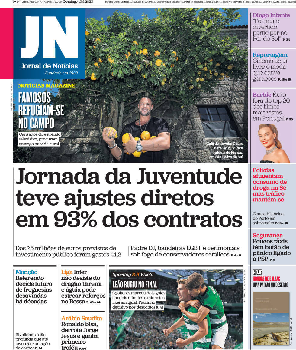 Jornal de Not&iacute;cias: Capa da Edi&ccedil;&atilde;o de domingo, 13 de agosto 2023