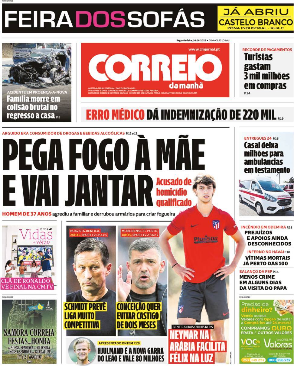 Correio da Manh&atilde;: Capa da Edi&ccedil;&atilde;o de segunda-feira, 14 de agosto 2023