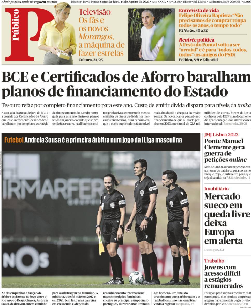 P&uacute;blico: Capa da Edi&ccedil;&atilde;o de segunda-feira, 14 de agosto 2023