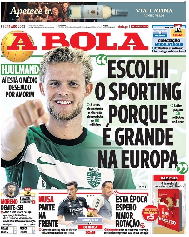 A Bola: Capa da Edi&ccedil;&atilde;o de segunda-feira, 14 de agosto 2023