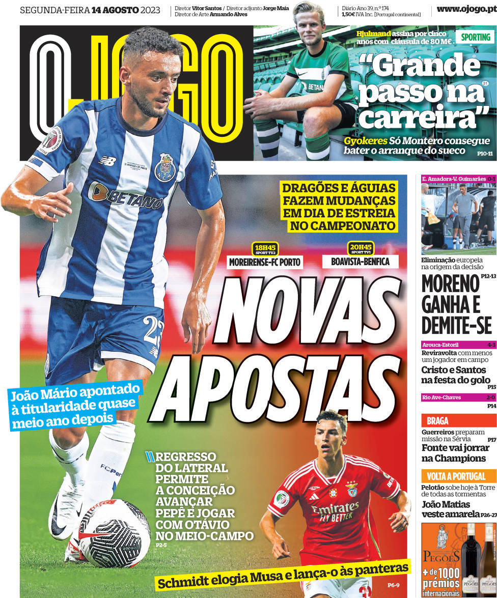 O Jogo: Capa da Edi&ccedil;&atilde;o de segunda-feira, 14 de agosto 2023