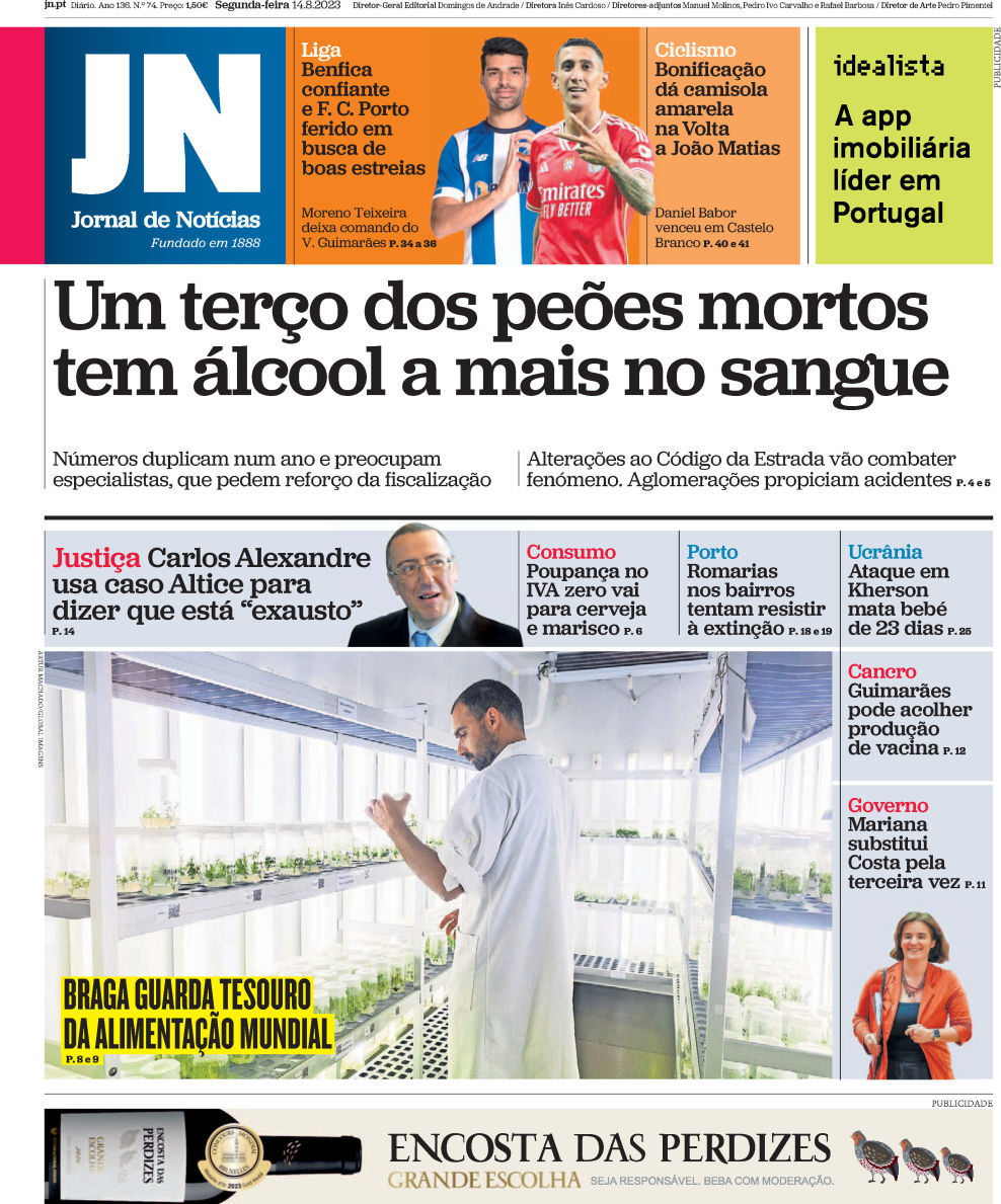 Jornal de Not&iacute;cias: Capa da Edi&ccedil;&atilde;o de segunda-feira, 14 de agosto 2023