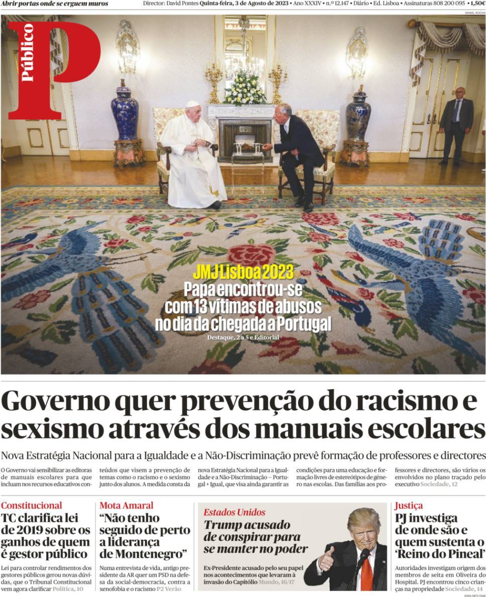 P&uacute;blico: Capa da Edi&ccedil;&atilde;o de quinta-feira, 03 de agosto 2023