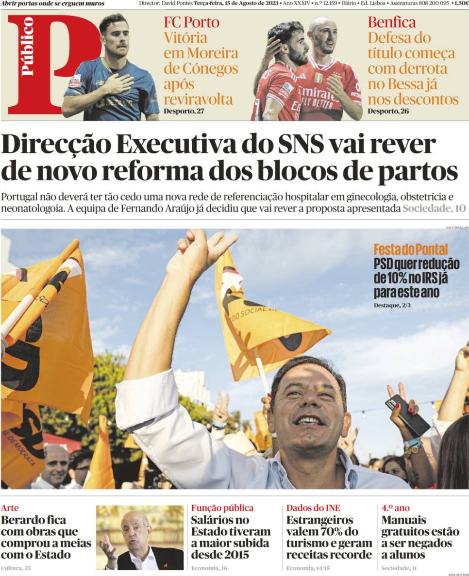 P&uacute;blico: Capa da Edi&ccedil;&atilde;o de ter&ccedil;a-feira, 15 de agosto 2023