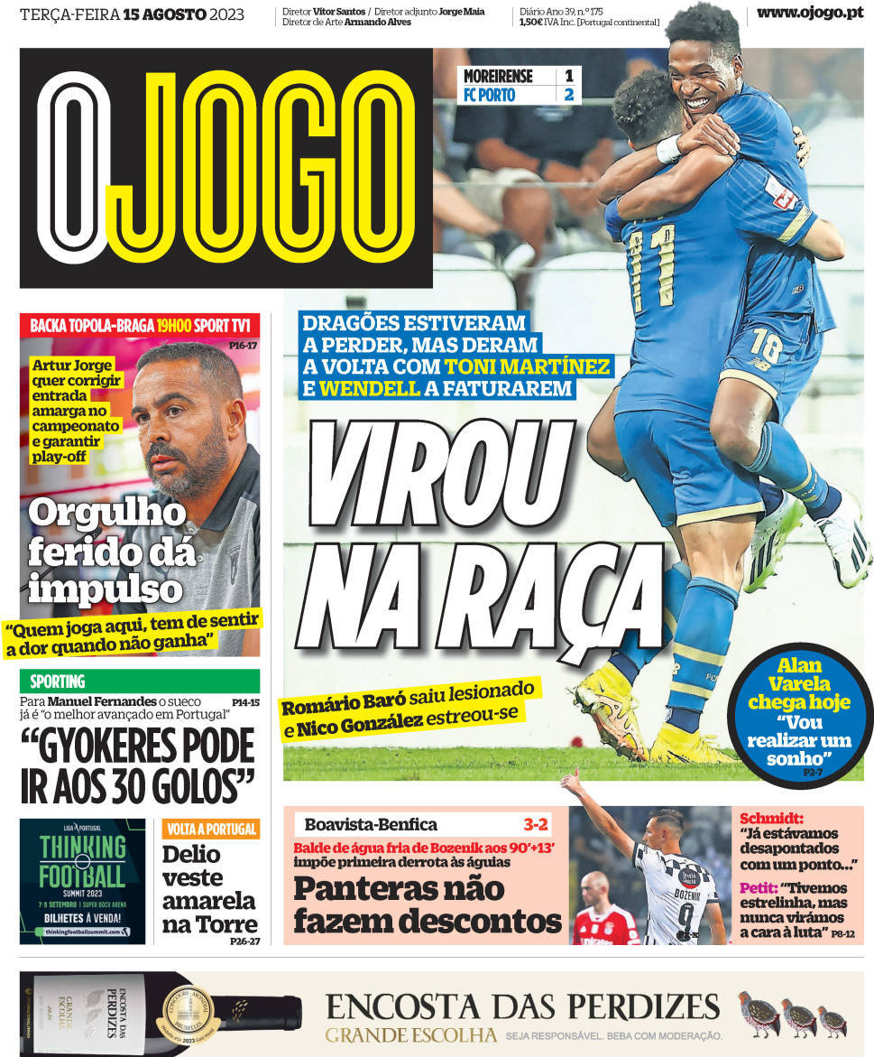O Jogo: Capa da Edi&ccedil;&atilde;o de ter&ccedil;a-feira, 15 de agosto 2023