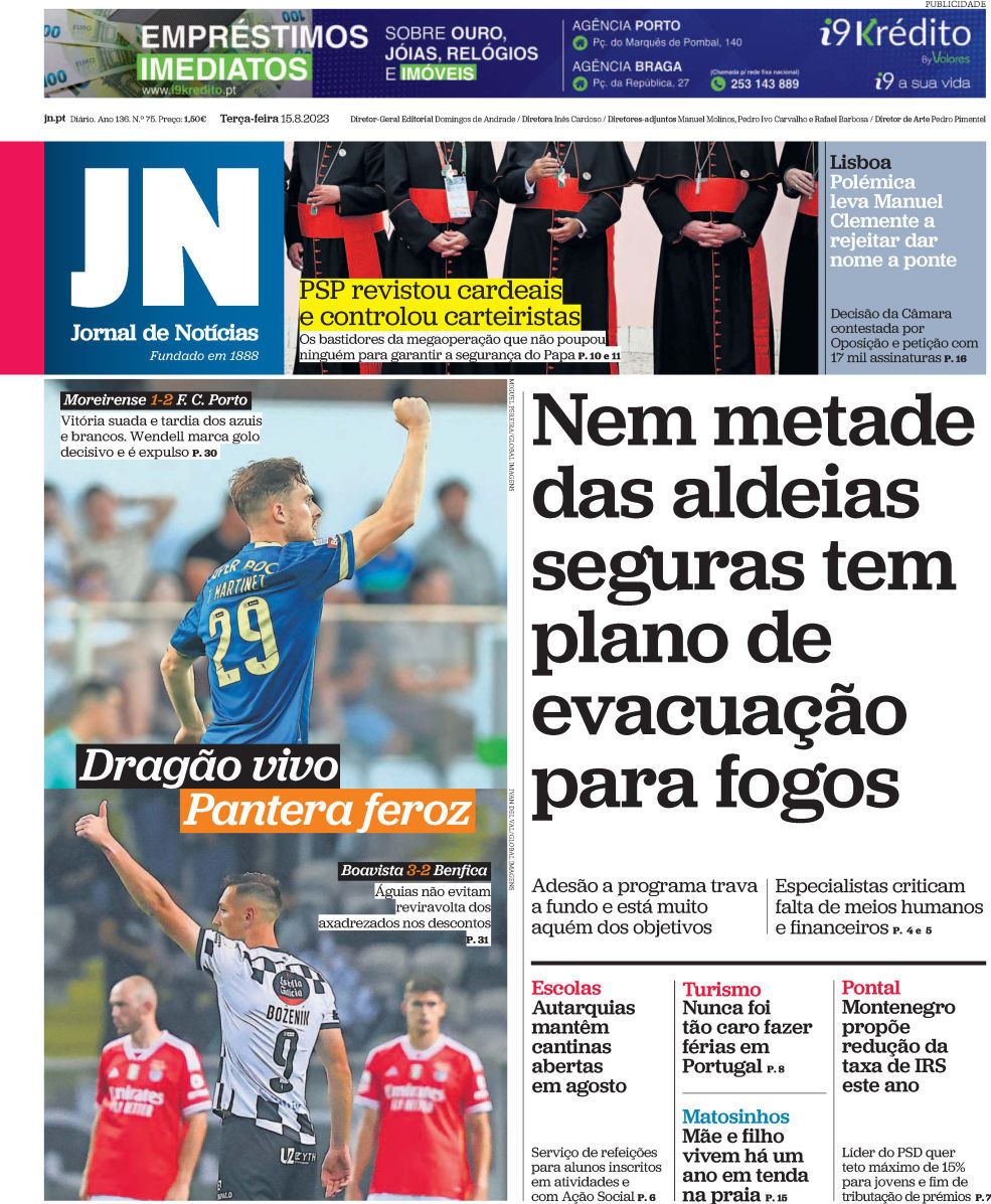 Jornal de Not&iacute;cias: Capa da Edi&ccedil;&atilde;o de ter&ccedil;a-feira, 15 de agosto 2023