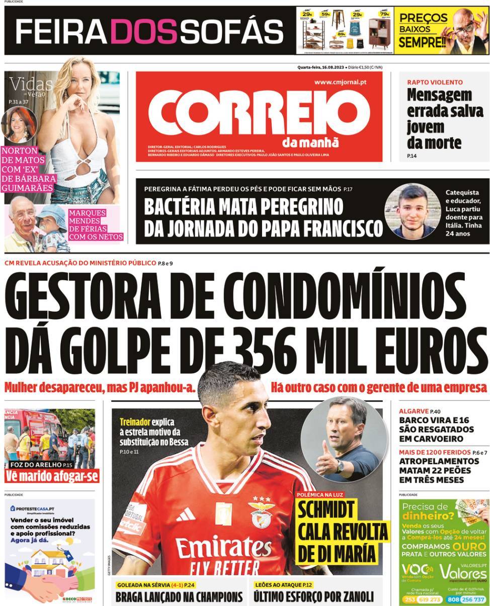 Correio da Manh&atilde;: Capa da Edi&ccedil;&atilde;o de quarta-feira, 16 de agosto 2023