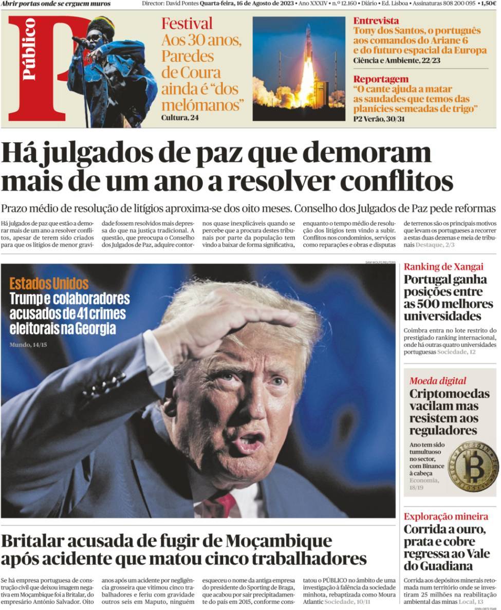 P&uacute;blico: Capa da Edi&ccedil;&atilde;o de quarta-feira, 16 de agosto 2023