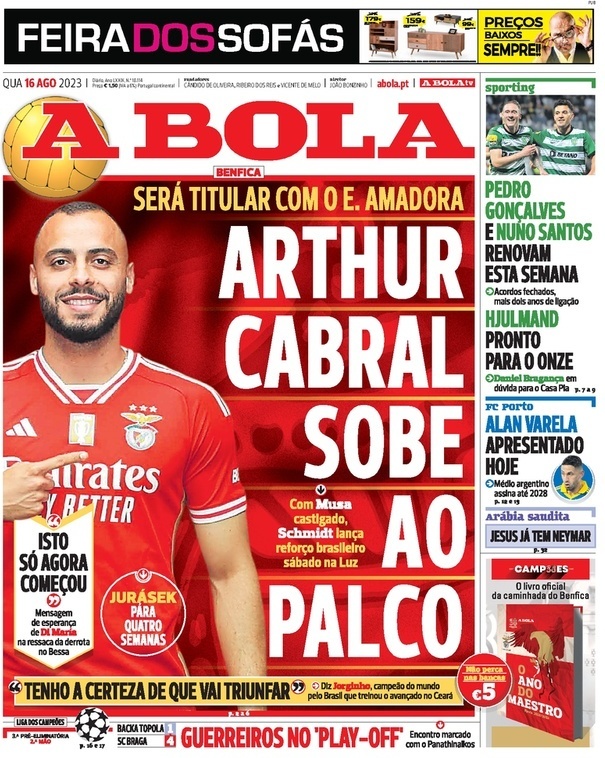 A Bola: Capa da Edi&ccedil;&atilde;o de quarta-feira, 16 de agosto 2023