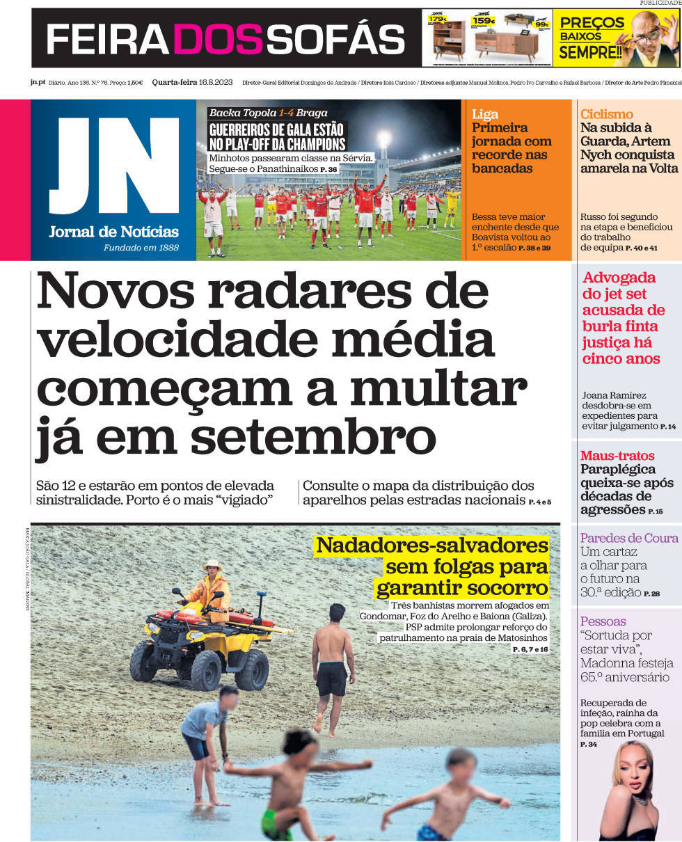 Jornal de Not&iacute;cias: Capa da Edi&ccedil;&atilde;o de quarta-feira, 16 de agosto 2023