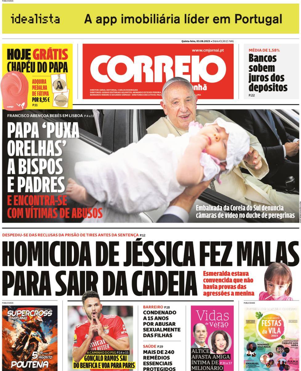 Correio da Manh&atilde;: Capa da Edi&ccedil;&atilde;o de quinta-feira, 03 de agosto 2023
