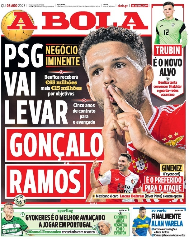 A Bola: Capa da Edi&ccedil;&atilde;o de quinta-feira, 03 de agosto 2023