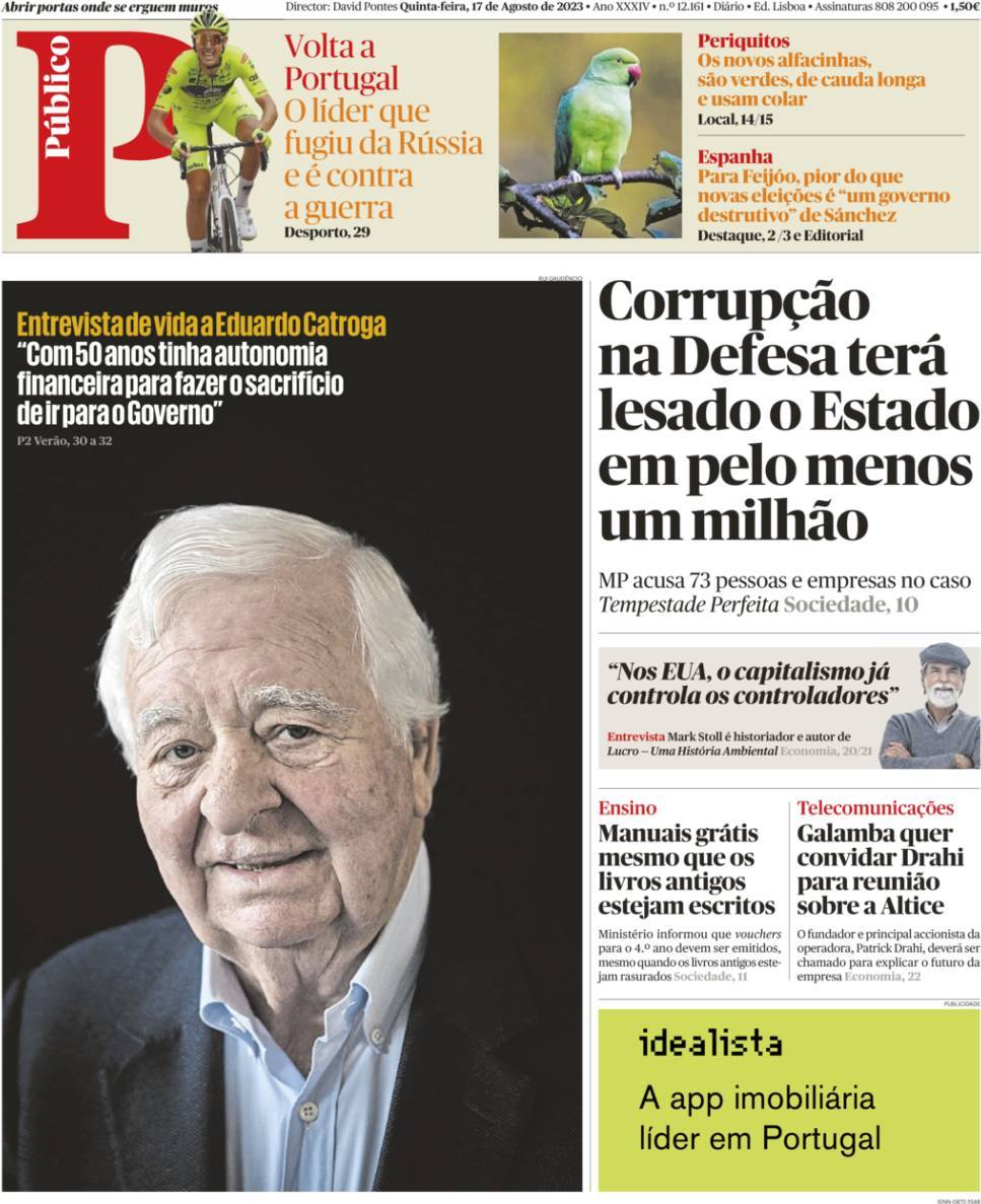 P&uacute;blico: Capa da Edi&ccedil;&atilde;o de quinta-feira, 17 de agosto 2023
