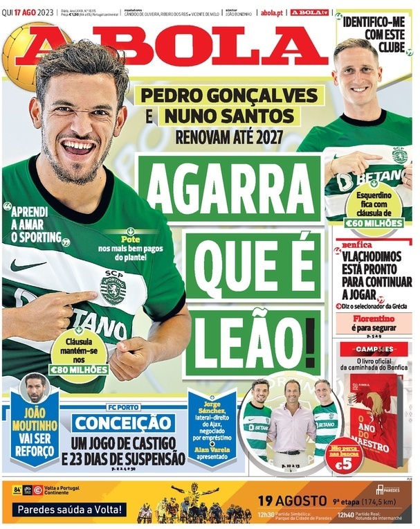 A Bola: Capa da Edi&ccedil;&atilde;o de quinta-feira, 17 de agosto 2023
