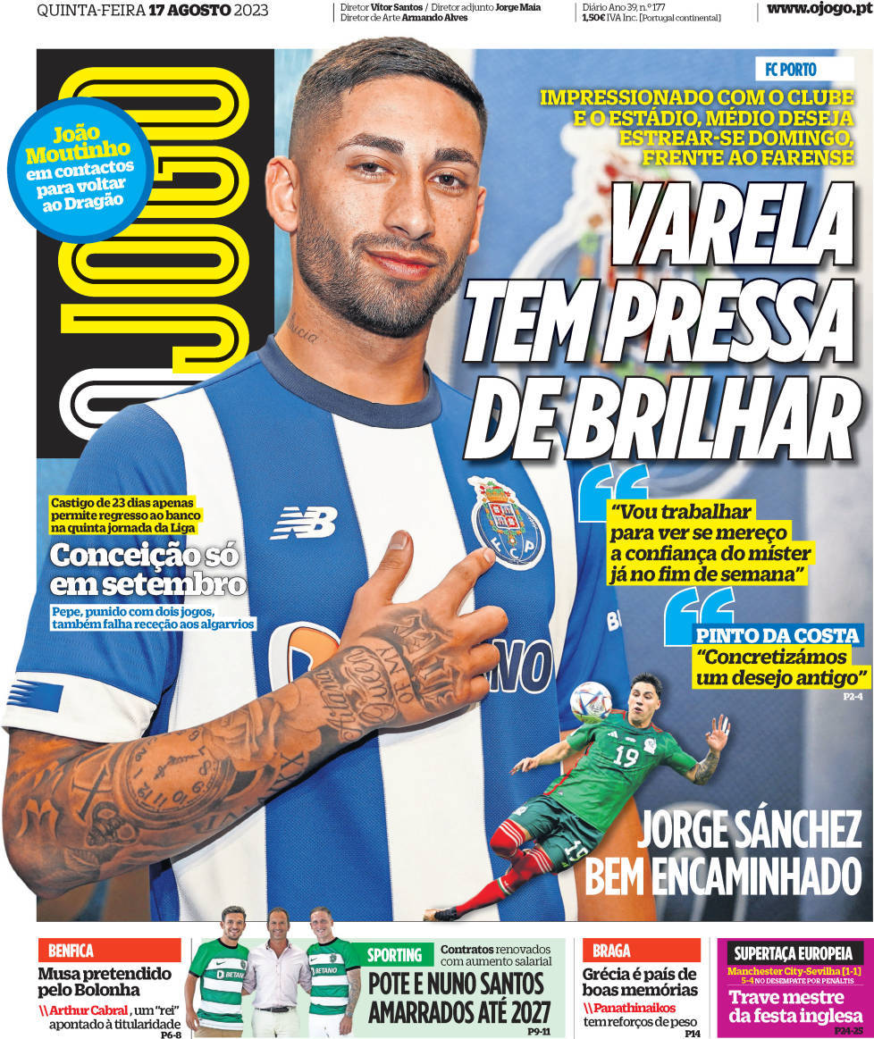 O Jogo: Capa da Edi&ccedil;&atilde;o de quinta-feira, 17 de agosto 2023