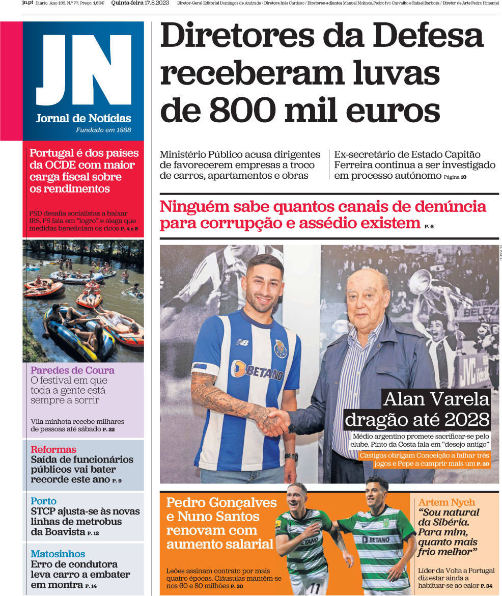 Jornal de Not&iacute;cias: Capa da Edi&ccedil;&atilde;o de quinta-feira, 17 de agosto 2023
