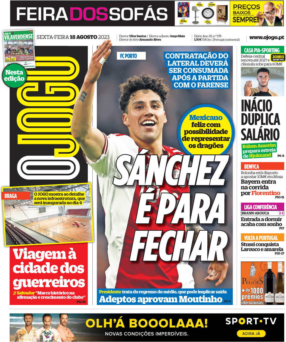 O Jogo: Capa da Edi&ccedil;&atilde;o de sexta-feira, 18 de agosto 2023