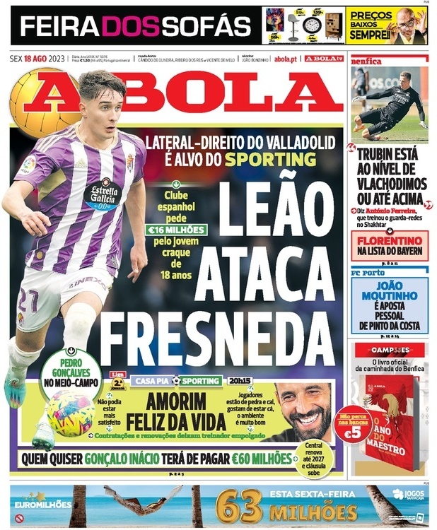 A Bola: Capa da Edi&ccedil;&atilde;o de sexta-feira, 18 de agosto 2023