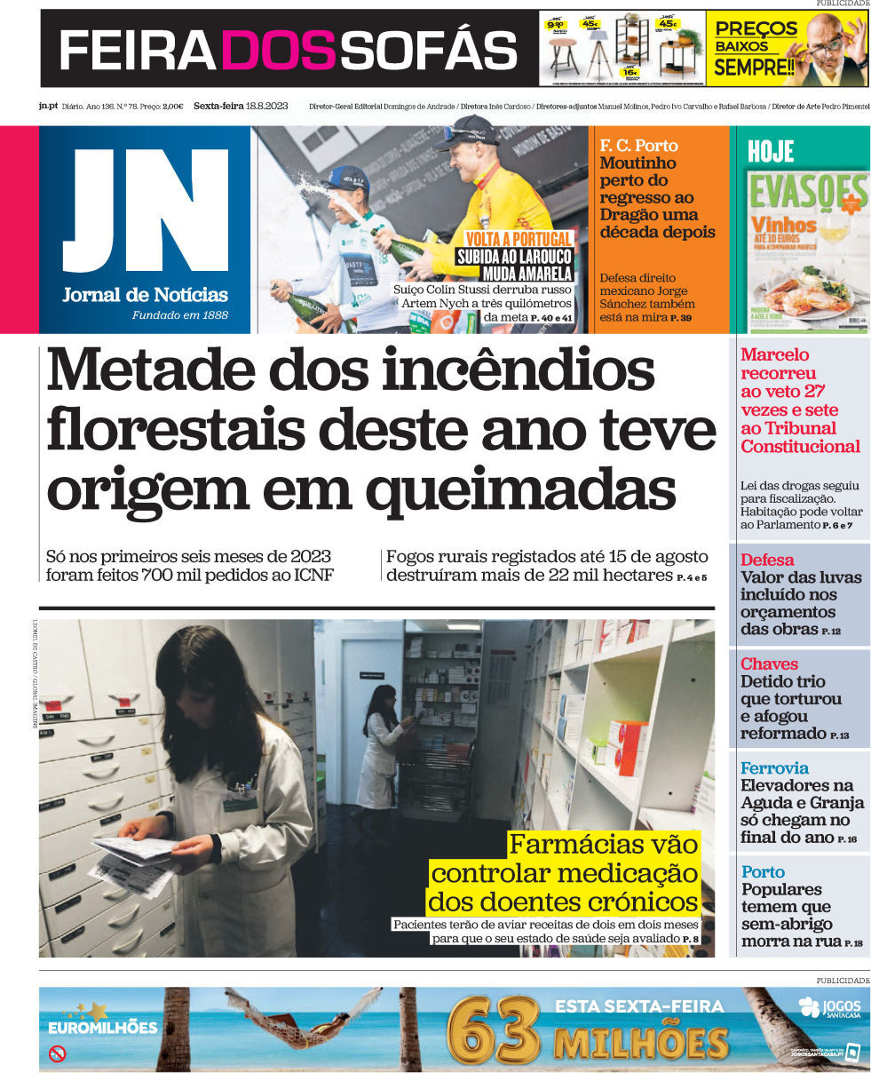 Jornal de Not&iacute;cias: Capa da Edi&ccedil;&atilde;o de sexta-feira, 18 de agosto 2023