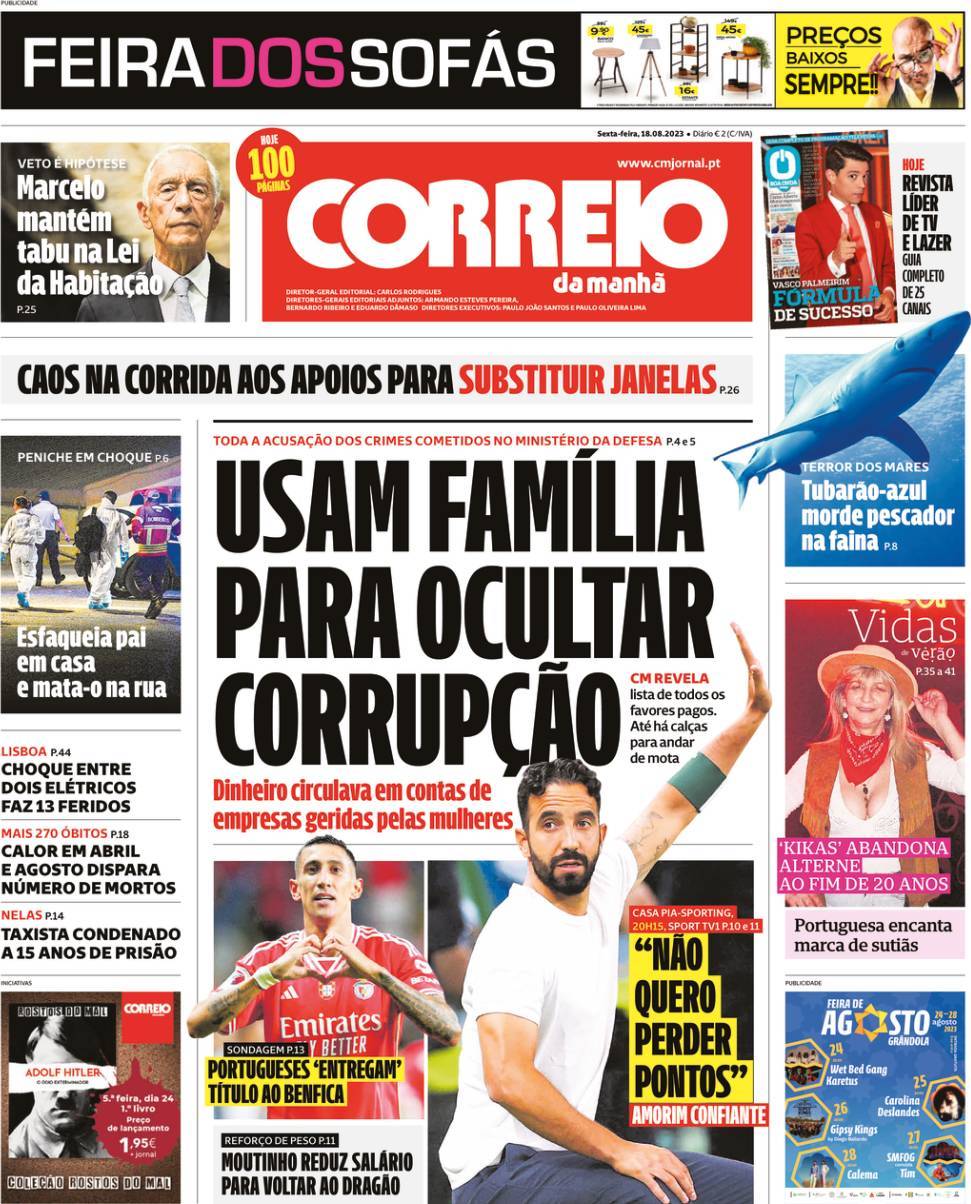 Correio da Manh&atilde;: Capa da Edi&ccedil;&atilde;o de sexta-feira, 18 de agosto 2023