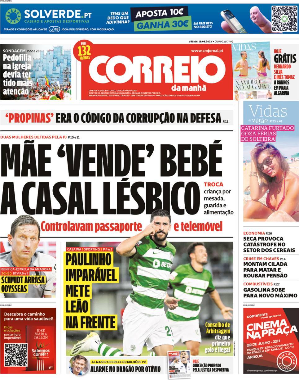 O Jogo: Capa da Edi&ccedil;&atilde;o de s&aacute;bado, 19 de agosto 2023