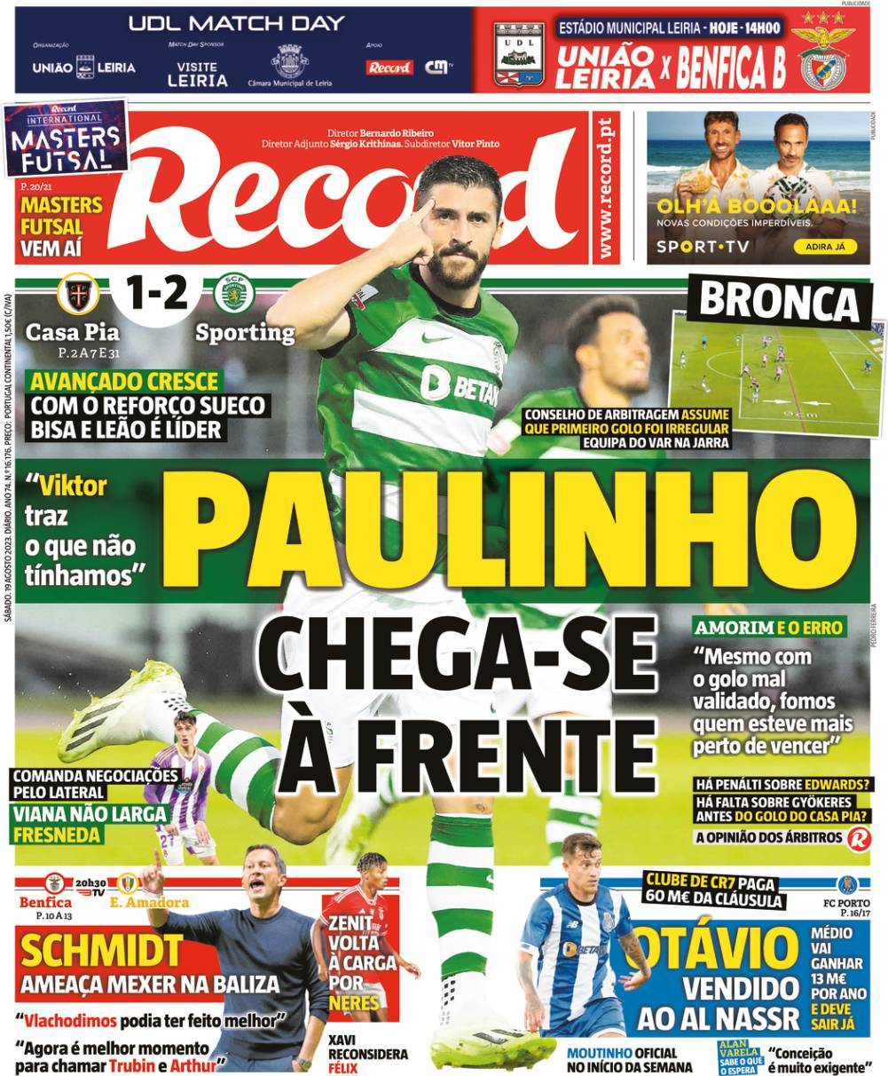 Record: Capa da Edi&ccedil;&atilde;o de s&aacute;bado, 19 de agosto 2023