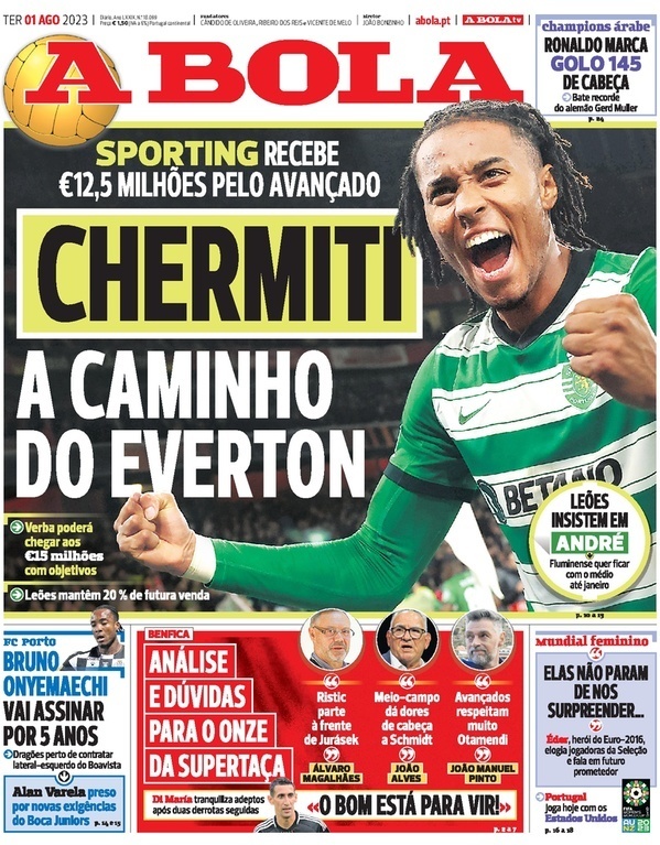 A Bola: Capa da Edi&ccedil;&atilde;o de ter&ccedil;a-feira, 01 de agosto 2023