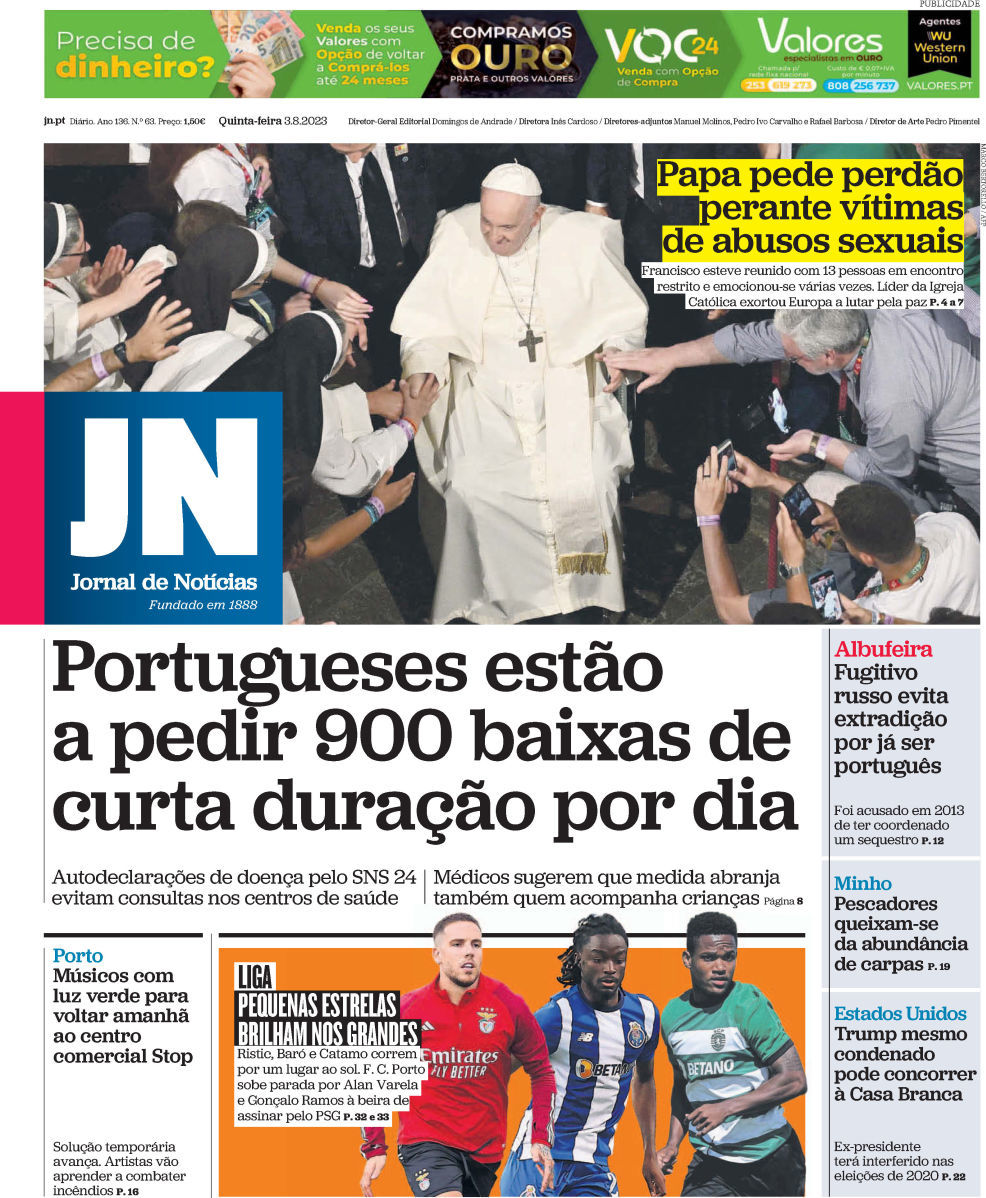 Jornal de Not&iacute;cias: Capa da Edi&ccedil;&atilde;o de quinta-feira, 03 de agosto 2023
