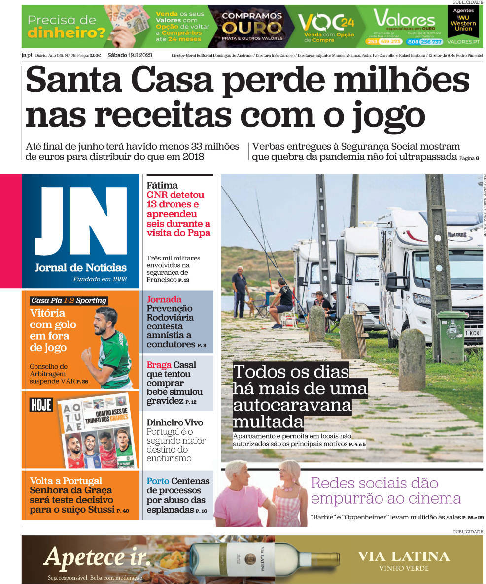 Jornal de Not&iacute;cias: Capa da Edi&ccedil;&atilde;o de s&aacute;bado, 19 de agosto 2023