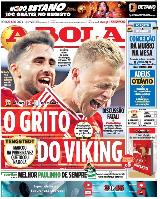 A Bola: Capa da Edi&ccedil;&atilde;o de domingo, 20 de agosto 2023