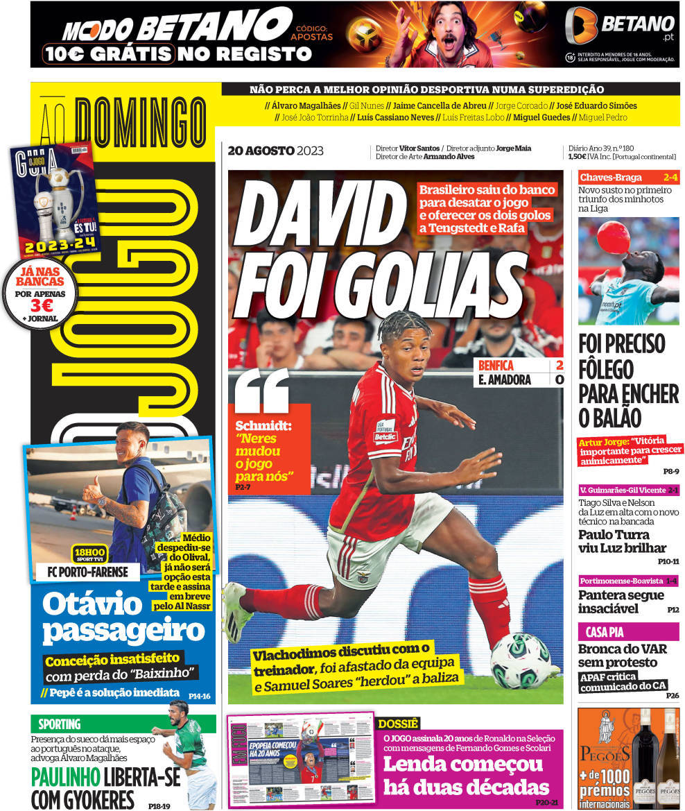 O Jogo: Capa da Edi&ccedil;&atilde;o de domingo, 20 de agosto 2023