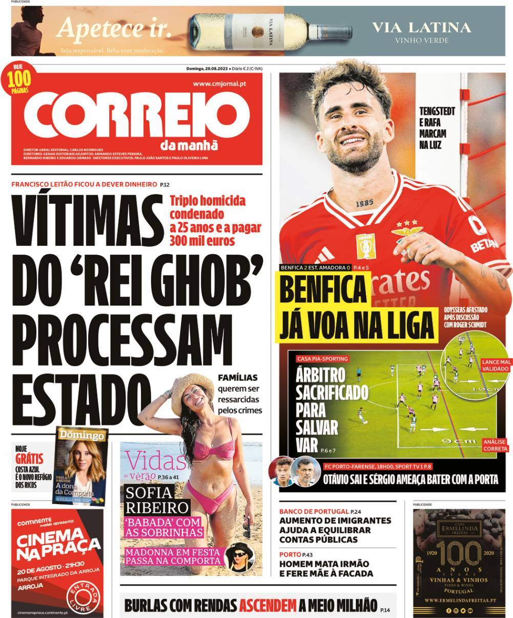 Correio da Manh&atilde;: Capa da Edi&ccedil;&atilde;o de domingo, 20 de agosto 2023