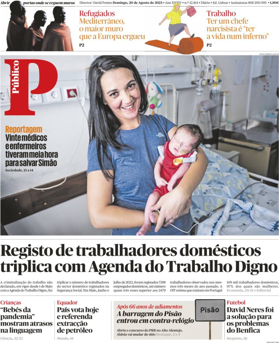 P&uacute;blico: Capa da Edi&ccedil;&atilde;o de domingo, 20 de agosto 2023