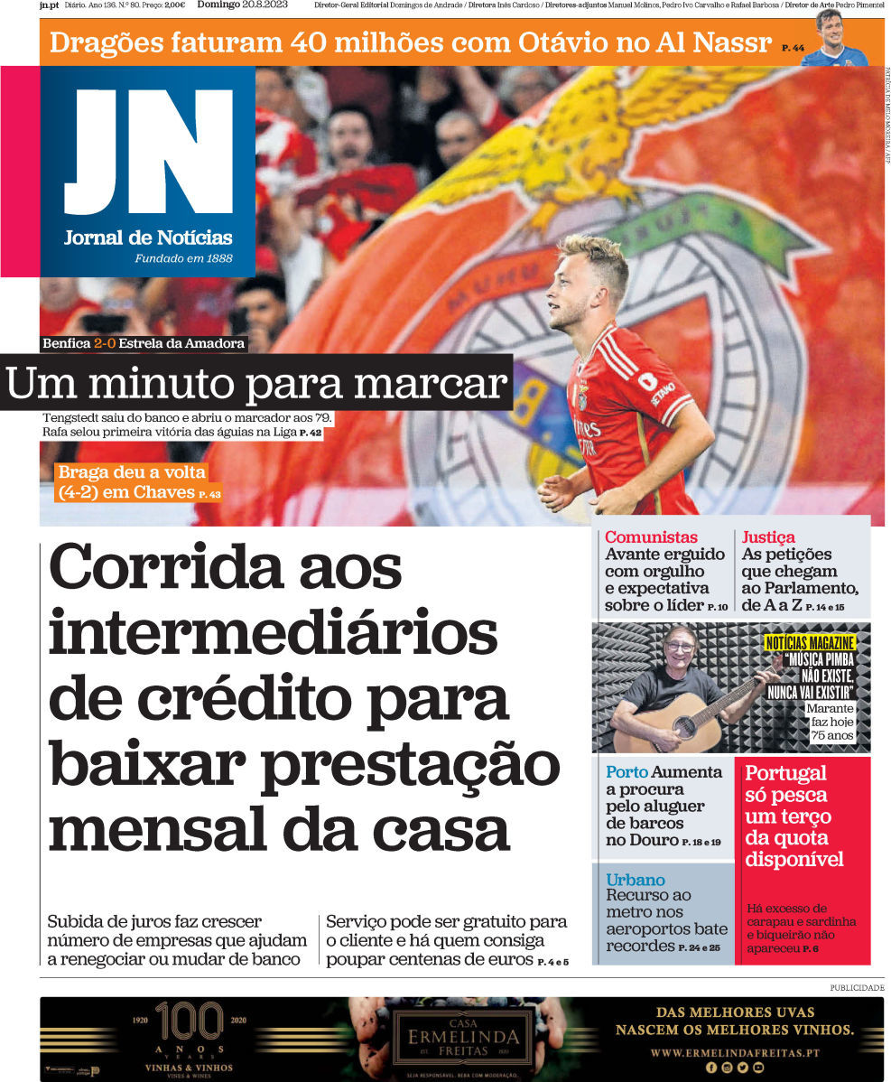 Jornal de Not&iacute;cias: Capa da Edi&ccedil;&atilde;o de domingo, 20 de agosto 2023